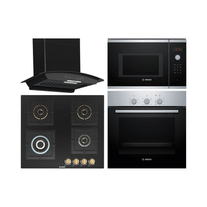 Bosch Built In Oven HBF011BR1I + Bosch Built-In Microwave Series 4 BEL553MS0I + Bosch 60 cm Wall Mounted Chimney DWA68IJ60I + Bosch 60 cm 4 Burner Hob True Brass 2D PNH6B6F20I
