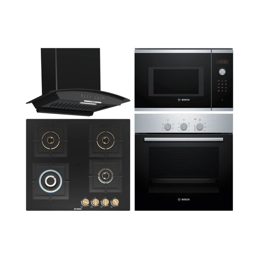 Bosch Built In Oven HBF011BR1I + Bosch Built-In Microwave Series 4 BEL553MS0I + Bosch 60 cm Wall Mounted Chimney DWA68IJ60I + Bosch 60 cm 4 Burner Hob True Brass 2D PNH6B6F20I