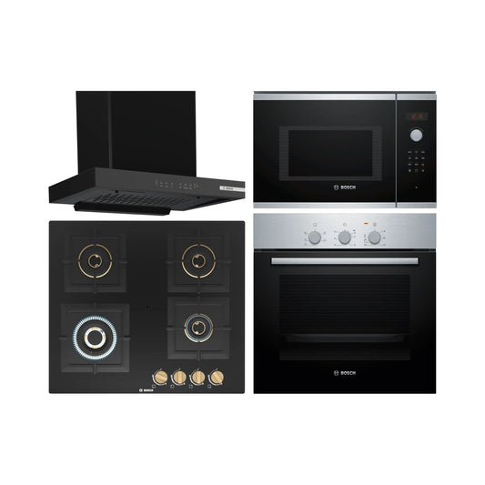 Bosch Built In Oven HBF011BR1I + Bosch Built-In Microwave Series 4 BEL553MS0I + Bosch 60 cm Wall Mounted Chimney DWB68IJ60I + Bosch 60 cm 4 Burner Hob True Brass 2D PNH6B6F20I