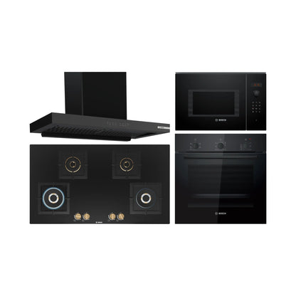 Bosch Built In Oven HBF011BA1I + Bosch Built-In Microwave Series 6 BEL553MB0I + Bosch 90 cm Wall Mounted Chimney DWB98IJ60I + Bosch 90 cm 4 Burner Hob True Brass 2D PNF9B6F20I