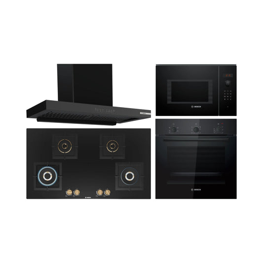 Bosch Built In Oven HBF011BA1I + Bosch Built-In Microwave Series 6 BEL553MB0I + Bosch 90 cm Wall Mounted Chimney DWB98IJ60I + Bosch 90 cm 4 Burner Hob True Brass 2D PNF9B6F20I