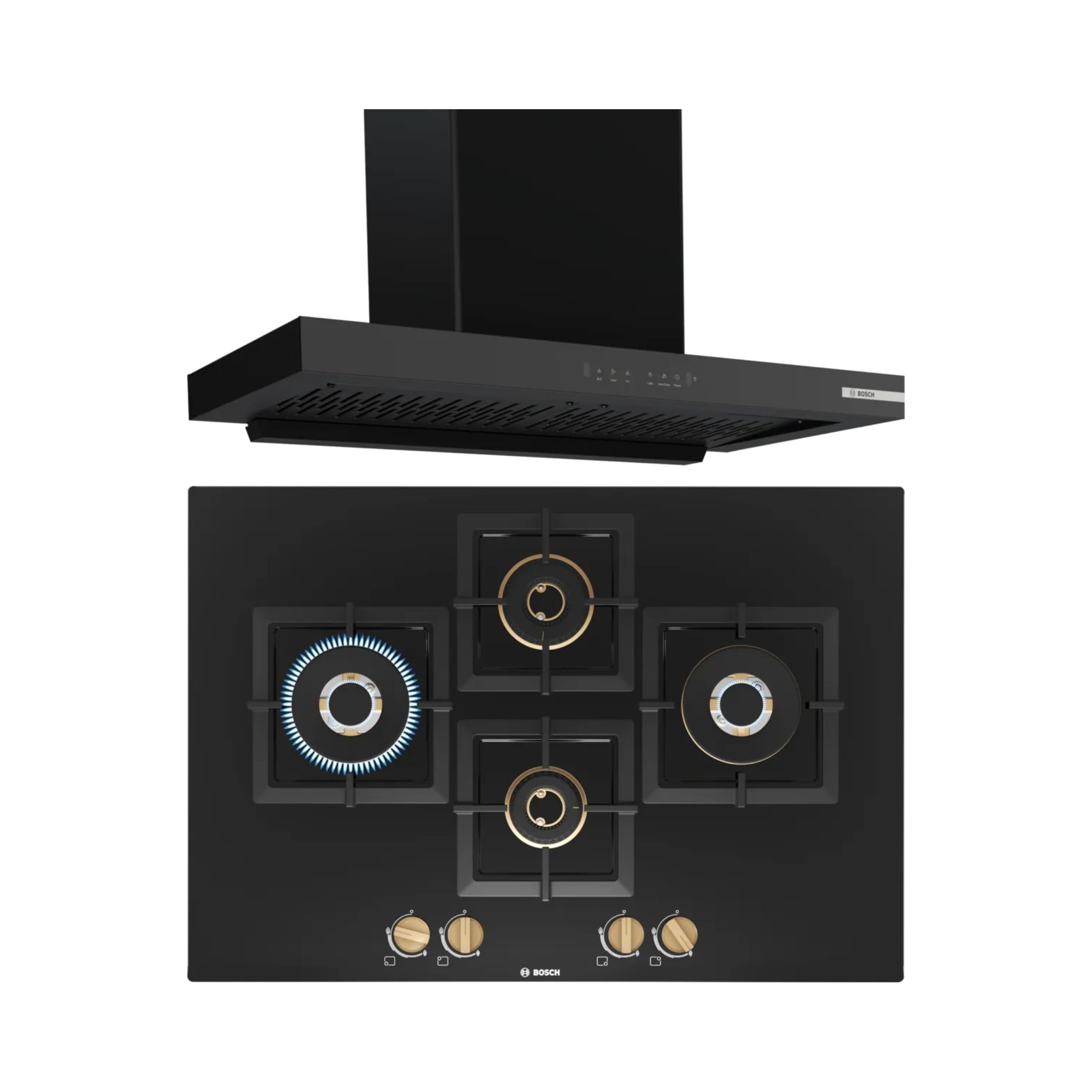 Bosch 90 cm Wall Mounted Chimney DWB98IJ60I + Bosch 75 cm 4 Burner Hob True Brass 2D PNI7B6F20I