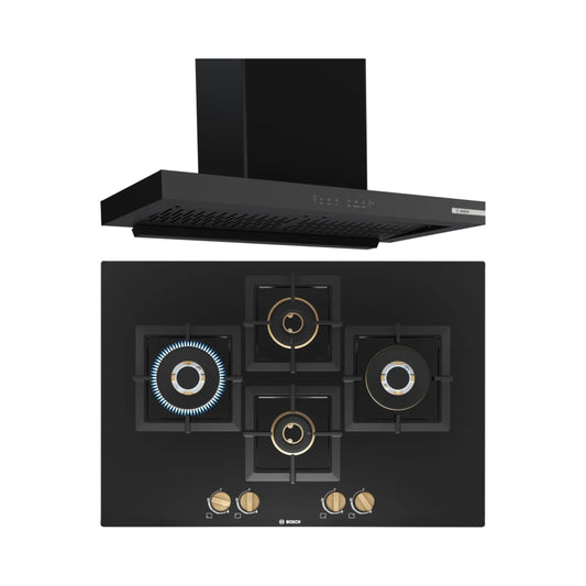 Bosch 90 cm Wall Mounted Chimney DWB98IJ60I + Bosch 75 cm 4 Burner Hob True Brass 2D PNI7B6F20I