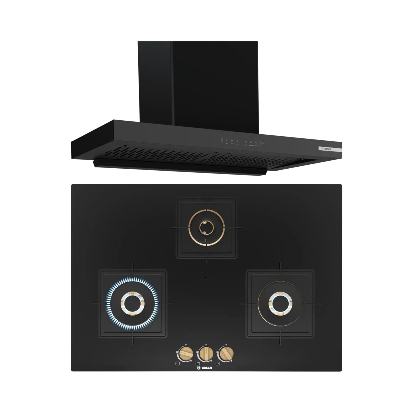 Bosch 90 cm Wall Mounted Chimney DWB98IJ60I + Bosch 75 cm 3 Burner Hob True Brass 2D PND7B6F20I