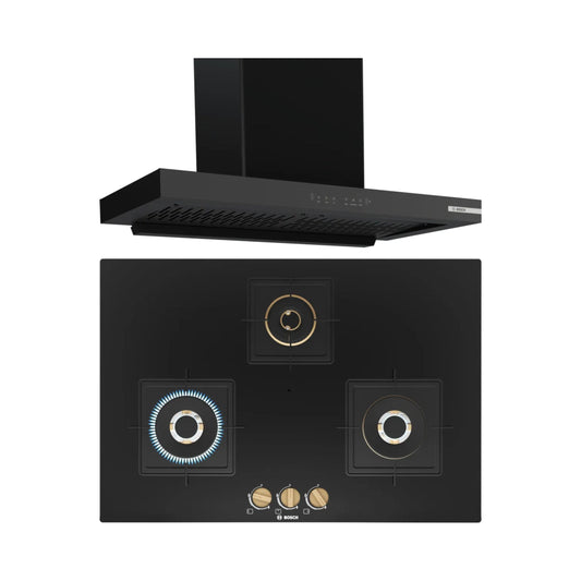 Bosch 90 cm Wall Mounted Chimney DWB98IJ60I + Bosch 75 cm 3 Burner Hob True Brass 2D PND7B6F20I