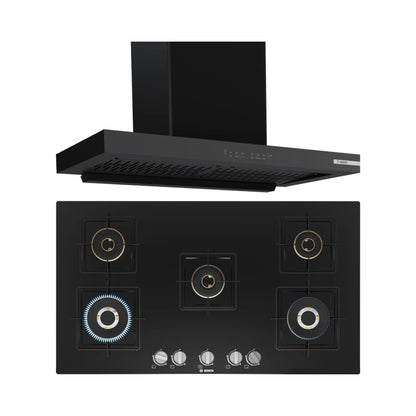 Bosch 90 cm Wall Mounted Chimney DWB98IJ60I + Bosch 90 cm 5 Burner Hob True Brass 2D PNV9B6F10I