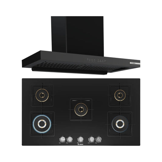 Bosch 90 cm Wall Mounted Chimney DWB98IJ60I + Bosch 90 cm 5 Burner Hob True Brass 2D PNV9B6F10I
