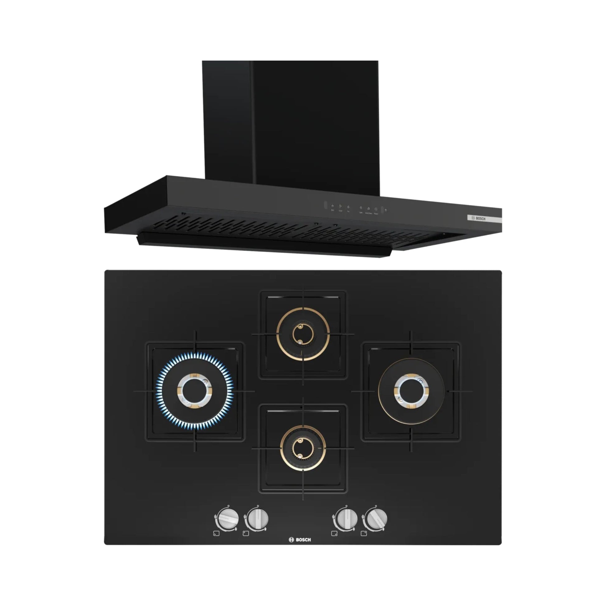 Bosch 90 cm Wall Mounted Chimney DWB98IJ60I + Bosch 75 cm 4 Burner Hob True Brass 2D PNI7B6F10I