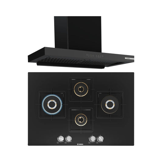 Bosch 90 cm Wall Mounted Chimney DWB98IJ60I + Bosch 75 cm 4 Burner Hob True Brass 2D PNI7B6F10I