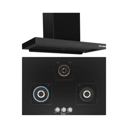 Bosch 90 cm Wall Mounted Chimney DWB98IJ60I + Bosch 75 cm 3 Burner Hob True Brass 2D PND7B6F10I