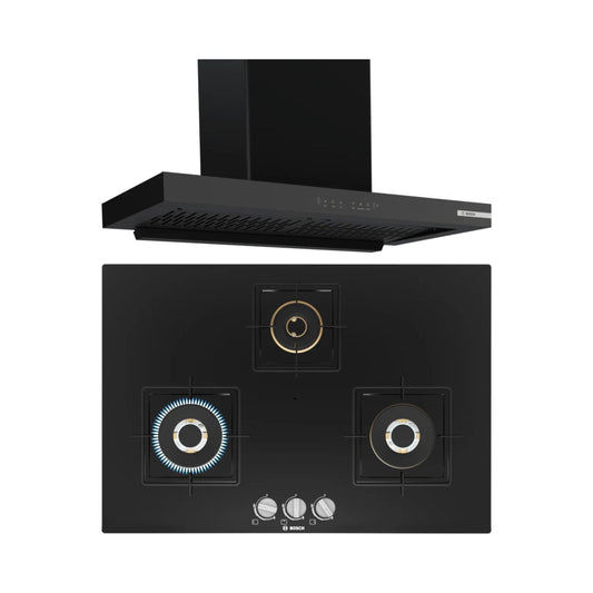 Bosch 90 cm Wall Mounted Chimney DWB98IJ60I + Bosch 75 cm 3 Burner Hob True Brass 2D PND7B6F10I