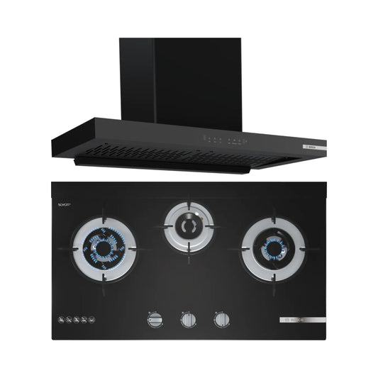 Bosch 90 cm Wall Mounted Chimney DWB98IJ60I + Bosch 70 cm 3 Burner Hob True Brass 3D Wheel PMD83D31NX