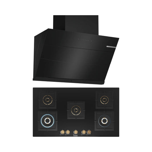Bosch 90 cm Wall Mounted Chimney Self Clean Series DWKA98H60I + Bosch 90 cm 5 Burner Hob True Brass 2D PNV9B6F20I