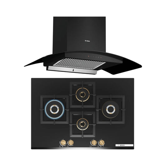 Bosch 90 cm Wall Mounted Chimney Self Clean Series DWHA98G60I + Bosch 75 cm 4 Burner Hob Series 6 True Brass 3D PNI7B6G20I