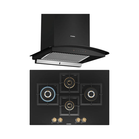 Bosch 60 cm Wall Mounted Chimney Self Clean Series DWHA68G60I + Bosch 75 cm 4 Burner Hob True Brass 2D PNI7B6F20I