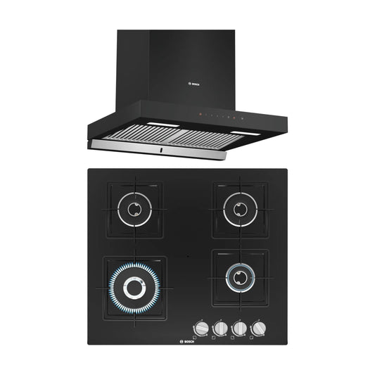 Bosch 60 cm Wall Mounted Chimney Self Clean Series DWBA68H60I + Bosch 60 cm 4 Burner Hob True AL 2D PNH6B6B12I