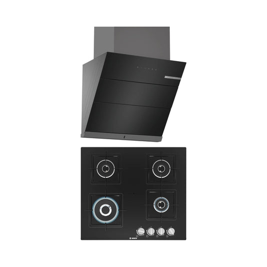 Bosch 60 cm Wall Mounted Chimney Self Clean Series DWKA68G60I + Bosch 60 cm 4 Burner Hob True AL 2D PNH6B6B12I