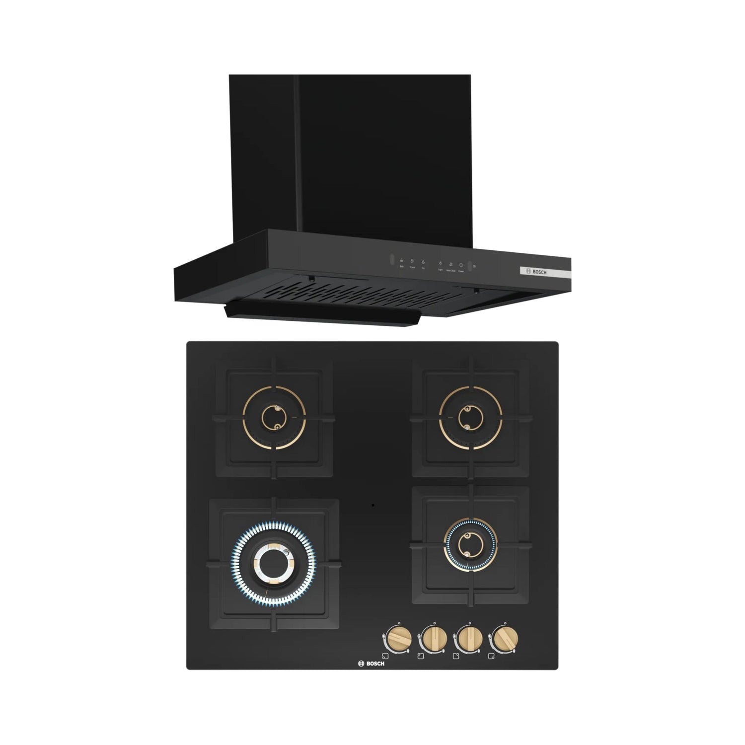 Bosch 60 cm Wall Mounted Chimney DWB68IJ60I + Bosch 60 cm 4 Burner Hob True Brass 2D PNH6B6F20I