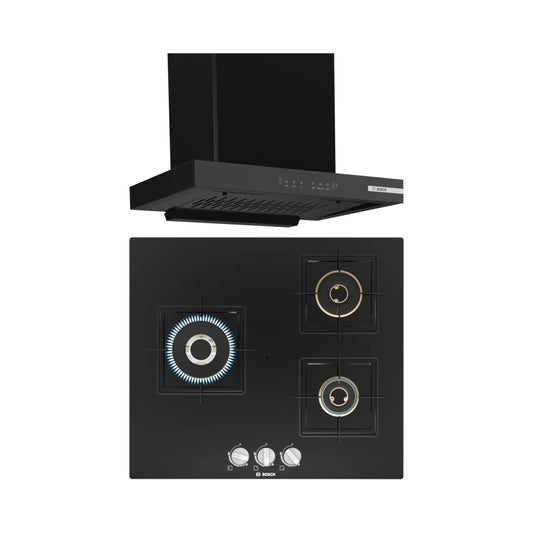 Bosch 60 cm Wall Mounted Chimney DWB68IJ60I + Bosch 60 cm 3 Burner Hob True Brass 2D PNC6B6F10I