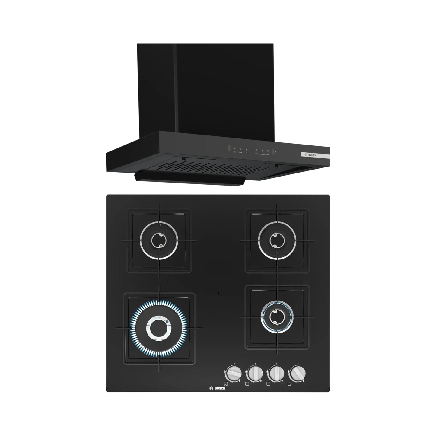 Bosch 60 cm Wall Mounted Chimney DWB68IJ60I + Bosch 60 cm 4 Burner Hob True AL 2D PNH6B6B12I
