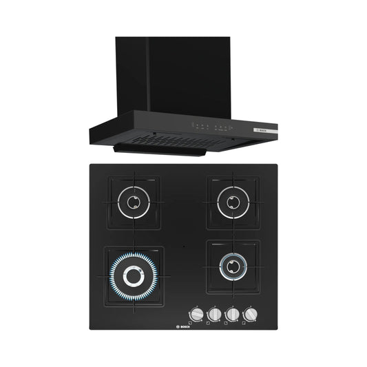 Bosch 60 cm Wall Mounted Chimney DWB68IJ60I + Bosch 60 cm 4 Burner Hob True AL 2D PNH6B6B12I