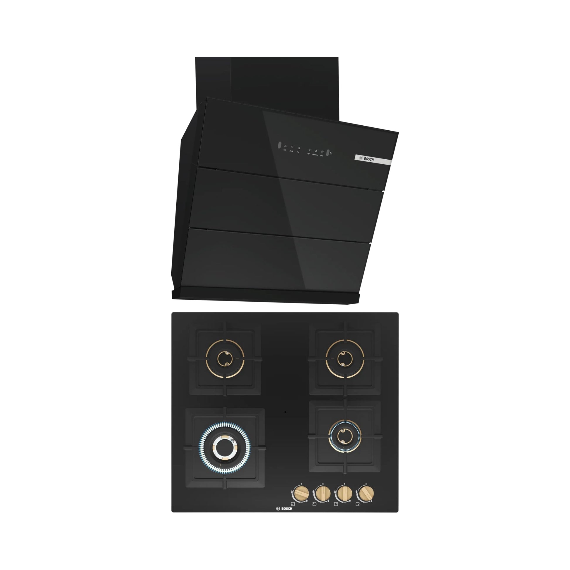 Bosch 60 cm Wall Mounted Chimney DWK68IJ60I + Bosch 60 cm 4 Burner Hob True Brass 2D PNH6B6F20I