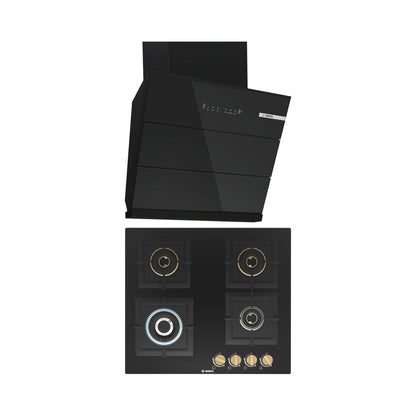 Bosch 60 cm Wall Mounted Chimney DWK68IJ60I + Bosch 60 cm 4 Burner Hob True Brass 2D PNH6B6F20I