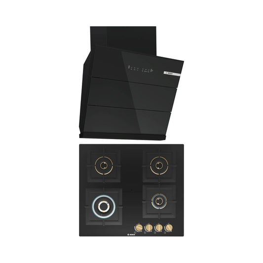 Bosch 60 cm Wall Mounted Chimney DWK68IJ60I + Bosch 60 cm 4 Burner Hob True Brass 2D PNH6B6F20I