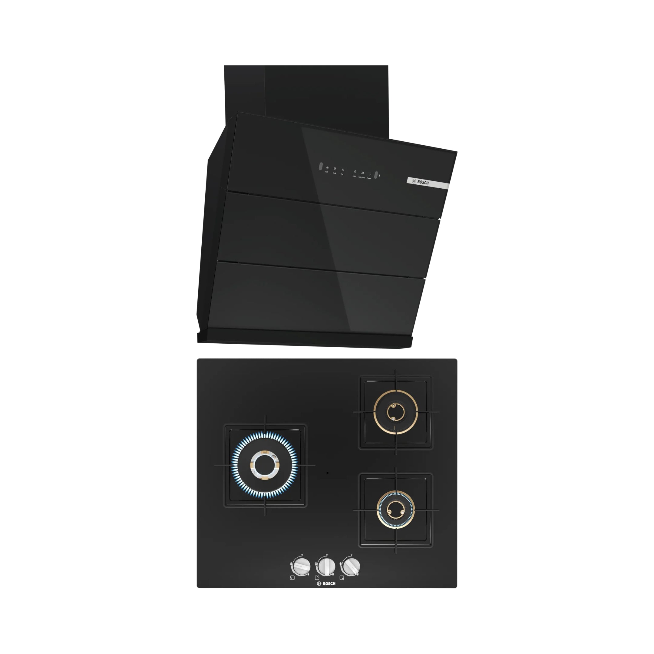 Bosch 60 cm Wall Mounted Chimney DWK68IJ60I + Bosch 60 cm 3 Burner Hob True Brass 2D PNC6B6F10I