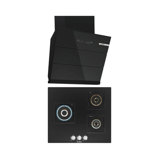 Bosch 60 cm Wall Mounted Chimney DWK68IJ60I + Bosch 60 cm 3 Burner Hob True Brass 2D PNC6B6F10I