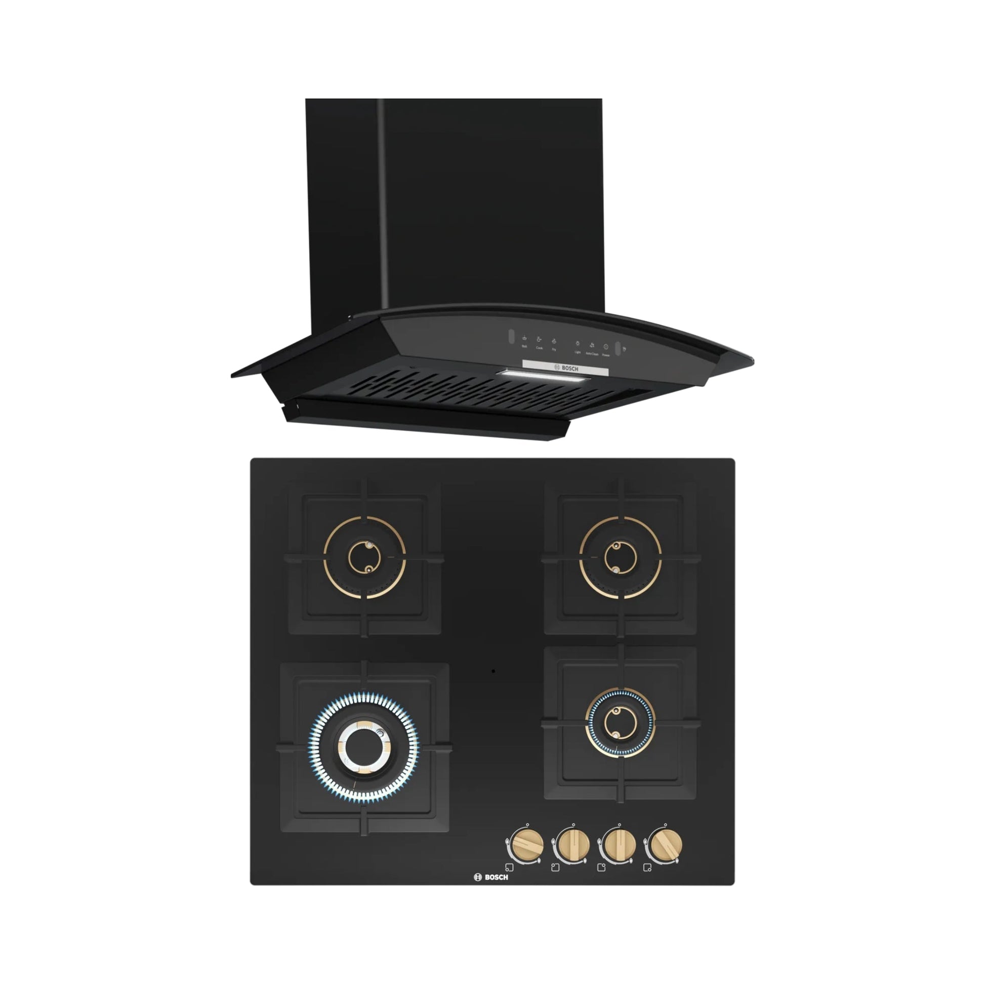 Bosch 60 cm Wall Mounted Chimney DWA68IJ60I + Bosch 60 cm 4 Burner Hob True Brass 2D PNH6B6F20I