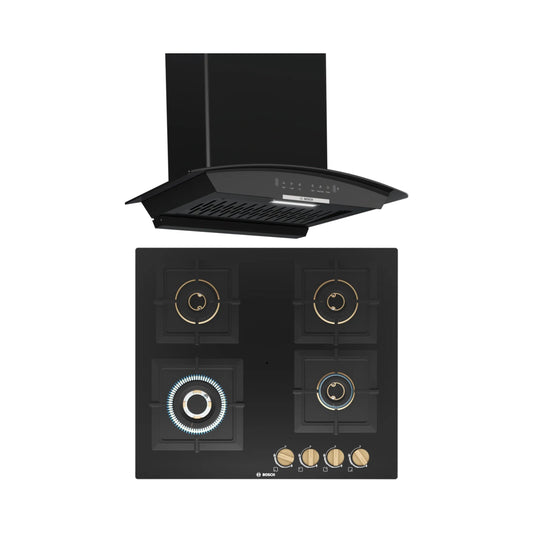Bosch 60 cm Wall Mounted Chimney DWA68IJ60I + Bosch 60 cm 4 Burner Hob True Brass 2D PNH6B6F20I