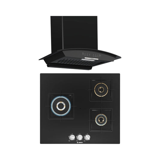Bosch 60 cm Wall Mounted Chimney DWA68IJ60I + Bosch 60 cm 3 Burner Hob True Brass 2D PNC6B6F10I