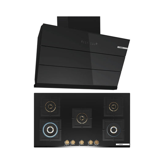 Bosch 90 cm Wall Mounted Chimney DWK98IJ60I + Bosch 90 cm 5 Burner Hob True Brass 3D PNV9B6G20I
