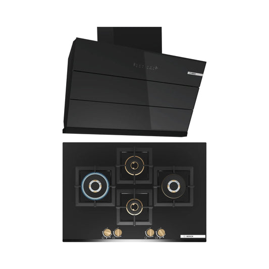Bosch 90 cm Wall Mounted Chimney DWK98IJ60I + Bosch 75 cm 4 Burner Hob Series 6 True Brass 3D PNI7B6G20I