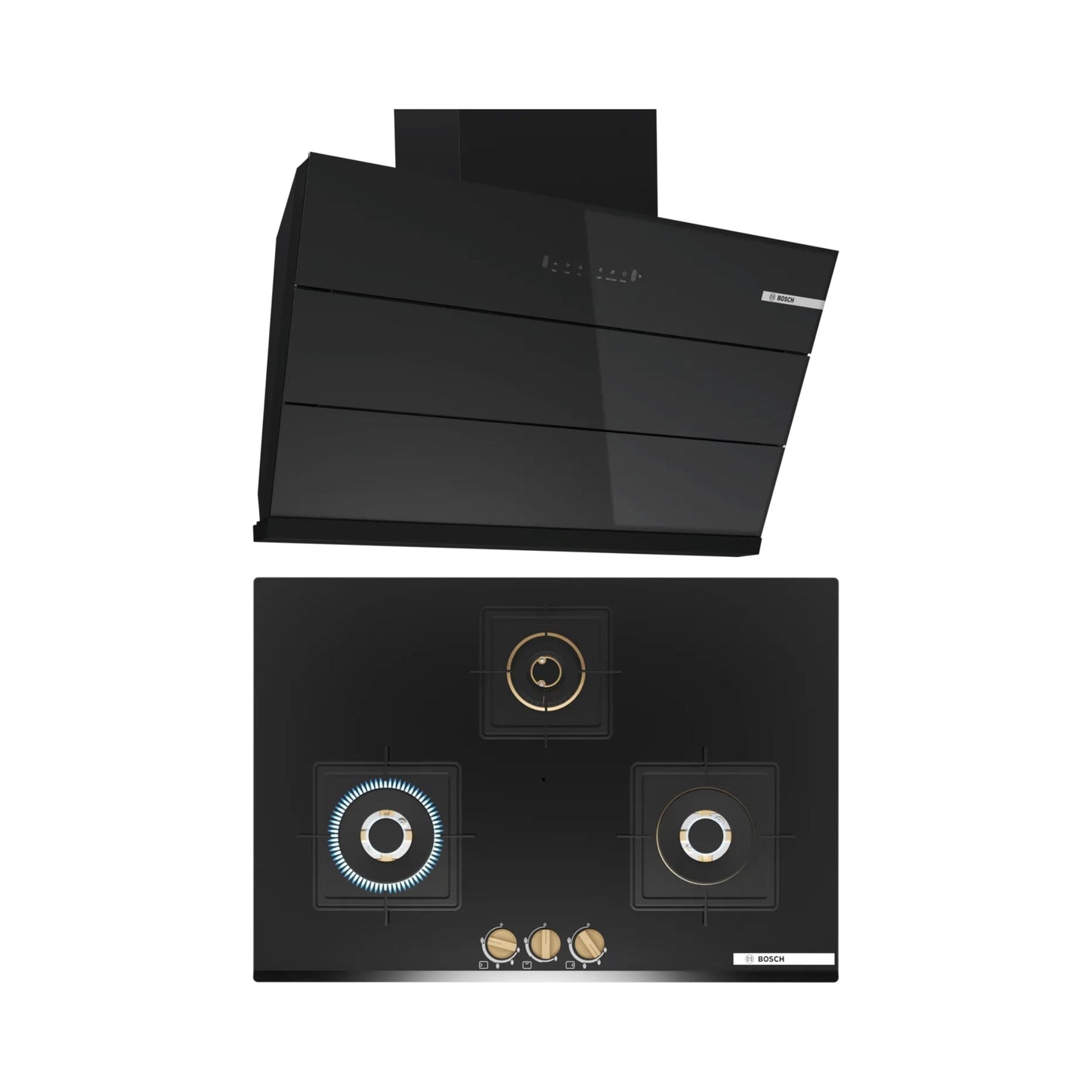 Bosch 90 cm Wall Mounted Chimney DWK98IJ60I + Bosch 75 cm 3 Burner Hob True Brass 3D PND7B6G20I
