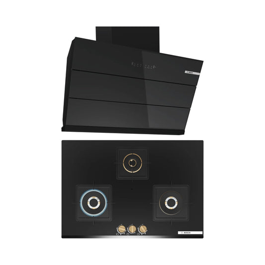 Bosch 90 cm Wall Mounted Chimney DWK98IJ60I + Bosch 75 cm 3 Burner Hob True Brass 3D PND7B6G20I