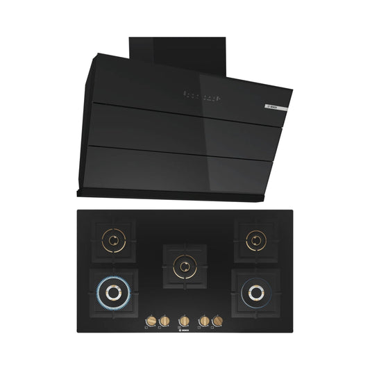 Bosch 90 cm Wall Mounted Chimney DWK98IJ60I + Bosch 90 cm 5 Burner Hob True Brass 2D PNV9B6F20I