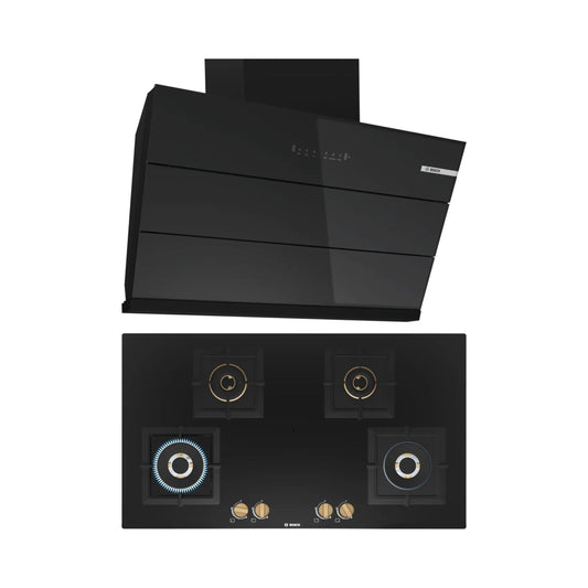 Bosch 90 cm Wall Mounted Chimney DWK98IJ60I + Bosch 90 cm 4 Burner Hob True Brass 2D PNF9B6F20I