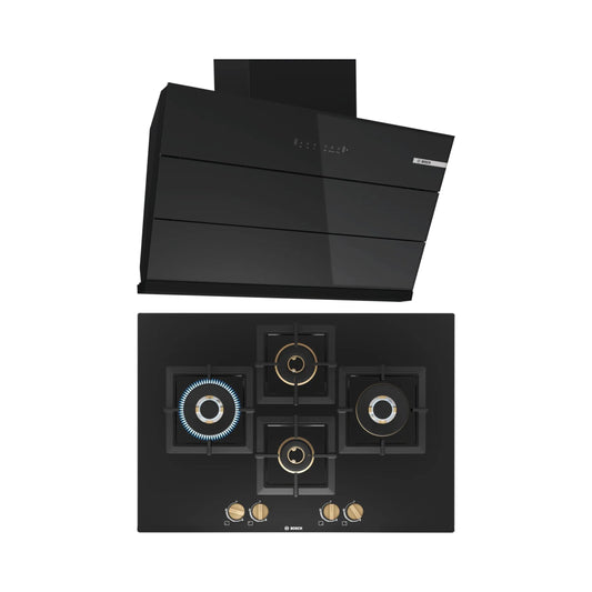 Bosch 90 cm Wall Mounted Chimney DWK98IJ60I + Bosch 75 cm 4 Burner Hob True Brass 2D PNI7B6F20I