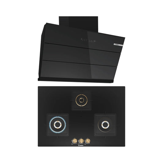 Bosch 90 cm Wall Mounted Chimney DWK98IJ60I + Bosch 75 cm 3 Burner Hob True Brass 2D PND7B6F20I