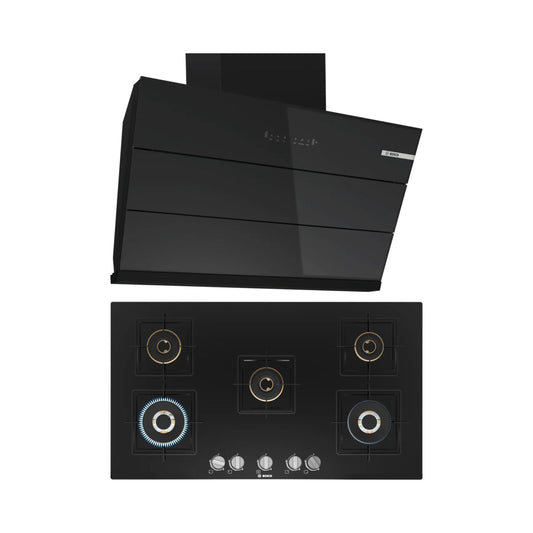 Bosch 90 cm Wall Mounted Chimney DWK98IJ60I + Bosch 90 cm 5 Burner Hob True Brass 2D PNV9B6F10I