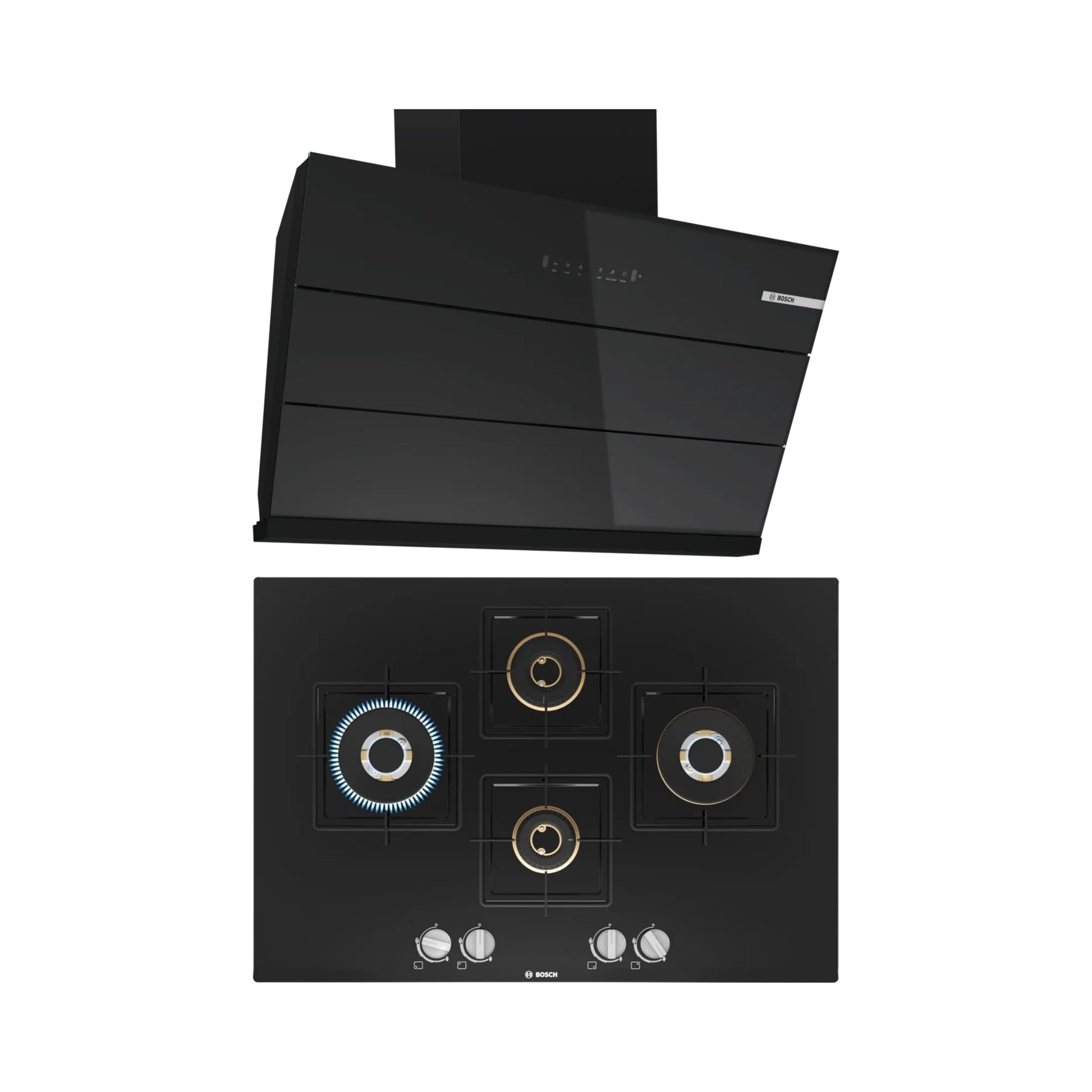Bosch 90 cm Wall Mounted Chimney DWK98IJ60I + Bosch 75 cm 4 Burner Hob True Brass 2D PNI7B6F10I