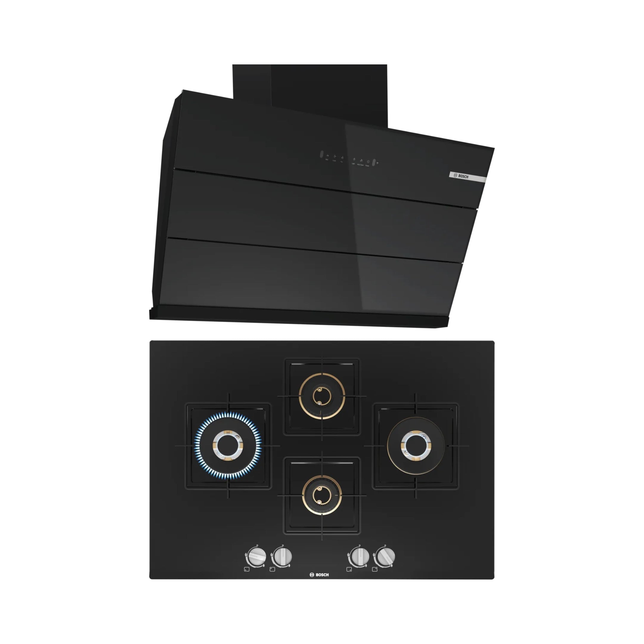 Bosch 90 cm Wall Mounted Chimney DWK98IJ60I + Bosch 75 cm 4 Burner Hob True Brass 2D PNI7B6F10I
