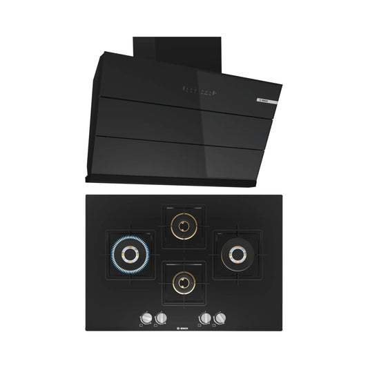Bosch 90 cm Wall Mounted Chimney DWK98IJ60I + Bosch 75 cm 4 Burner Hob True Brass 2D PNI7B6F10I