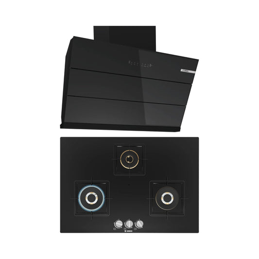 Bosch 90 cm Wall Mounted Chimney DWK98IJ60I + Bosch 75 cm 3 Burner Hob True Brass 2D PND7B6F10I