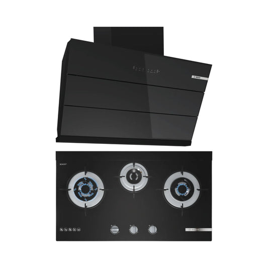 Bosch 90 cm Wall Mounted Chimney DWK98IJ60I + Bosch 70 cm 3 Burner Hob True Brass 3D Wheel PMD83D31NX