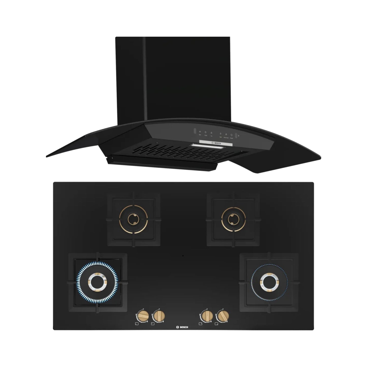 Bosch 90 cm Wall Mounted Chimney DWA98IJ60I + Bosch 90 cm 4 Burner Hob True Brass 2D PNF9B6F20I