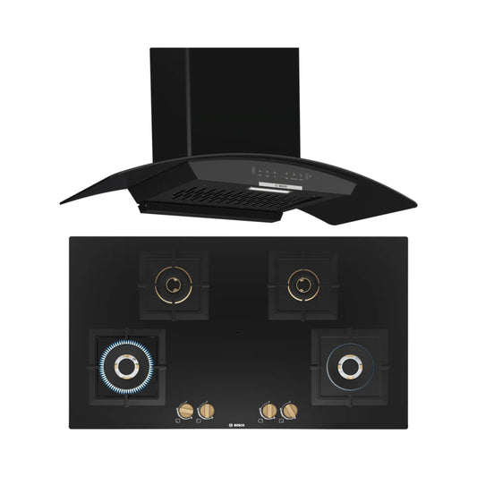 Bosch 90 cm Wall Mounted Chimney DWA98IJ60I + Bosch 90 cm 4 Burner Hob True Brass 2D PNF9B6F20I