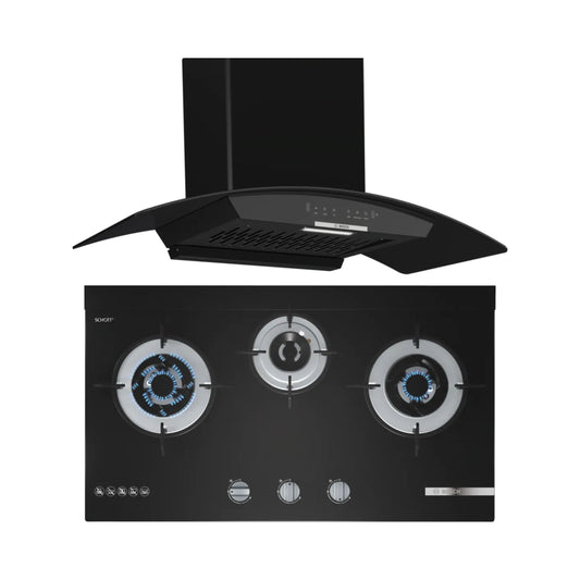 Bosch 90 cm Wall Mounted Chimney DWA98IJ60I + Bosch 70 cm 3 Burner Hob True Brass 3D Wheel PMD83D31NX